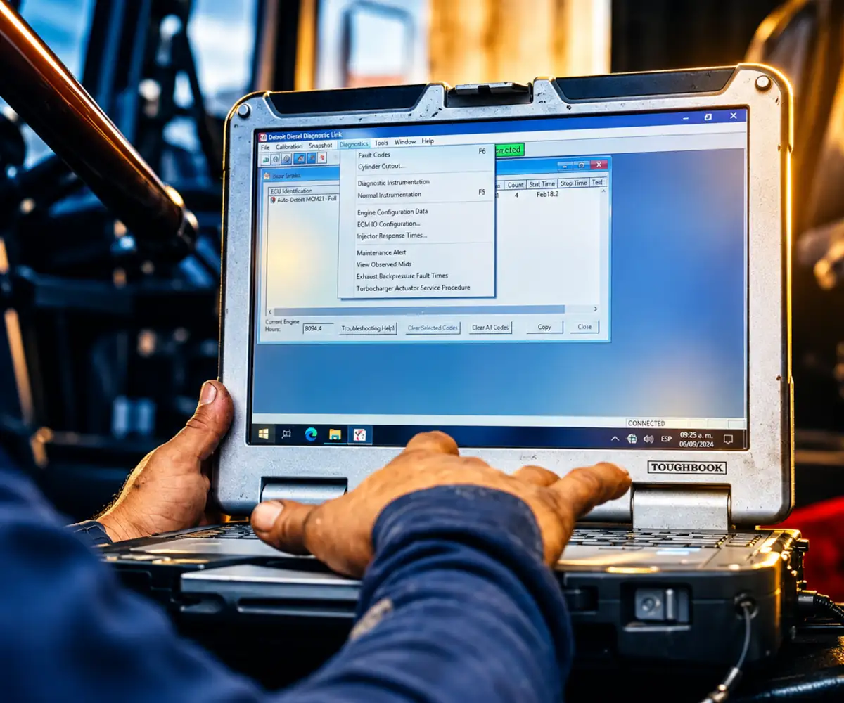 Mechanic using a rugged diagnostic laptop to inspect a commercial truck at Omar Calderon Road Service