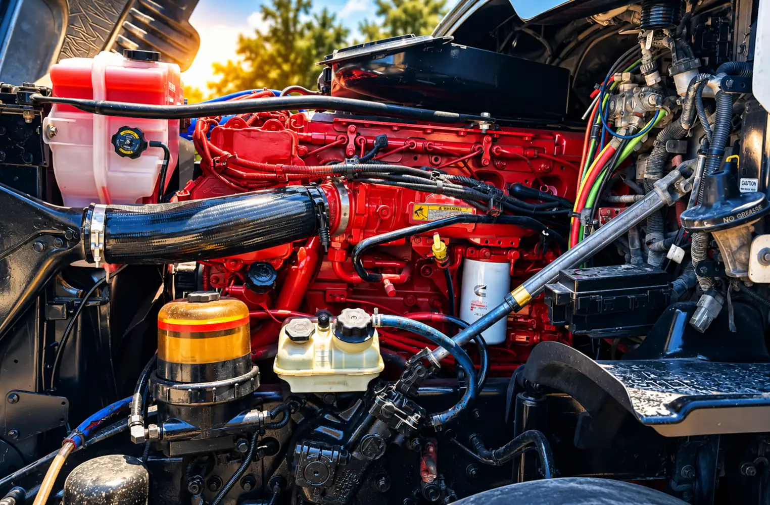 Red heavy-duty diesel truck engine serviced by Omar Calderon Road Service in Houston, Texas